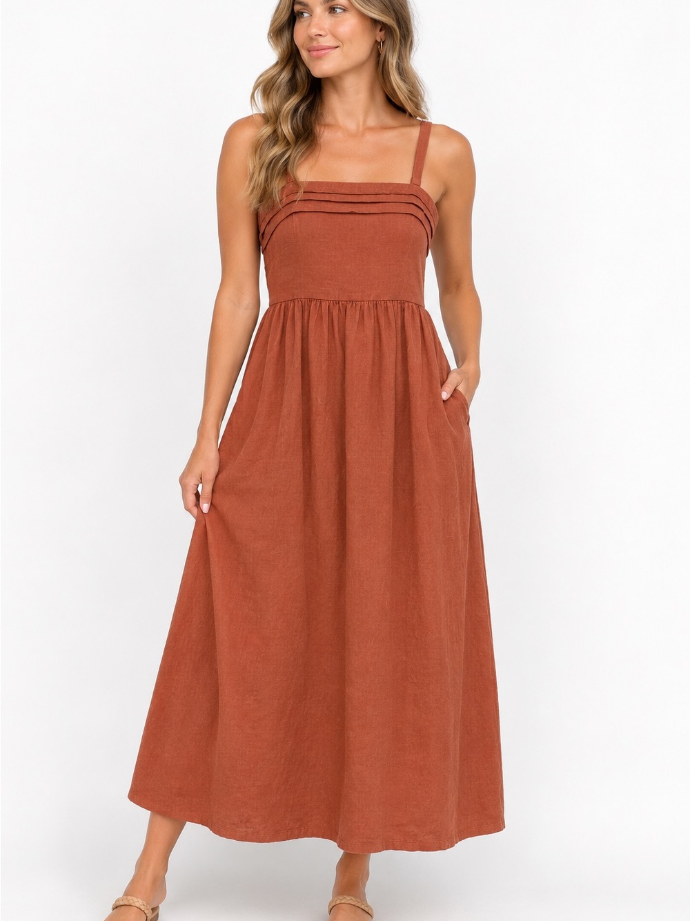 Joie NWT Linen Blend Rust Terracotta Ankle Length Midi Dress Size 4